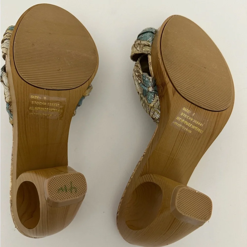 Petals Bling Jacquard Cork-Look Platform Mules Gold Ring Y2K Size 7 Bohemian